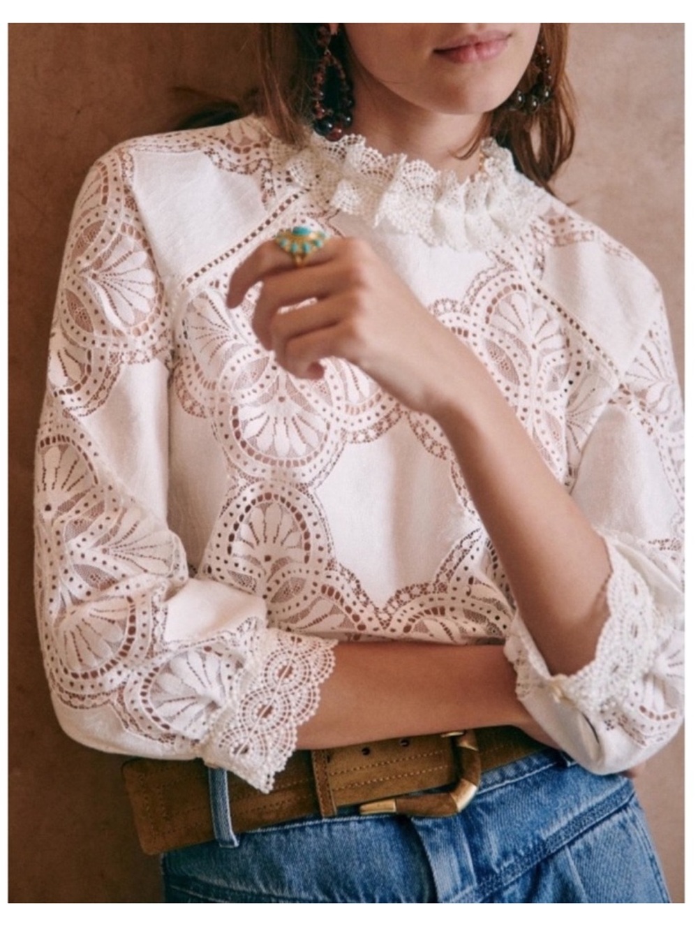 Sezane Cream Lace Eyelet High-Neck Blouse
